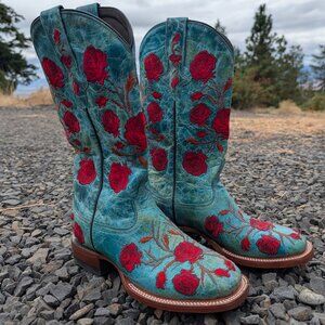 Lucchese 8.5 Turquoise Rose Embroidered Western Cowgirl Boot - Never Worn!